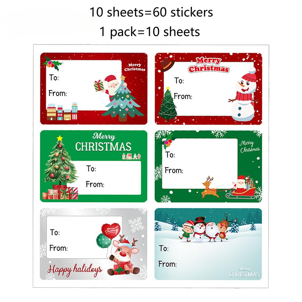 10 sheets Christmas Stickers, 60 stickers Christmas Labels with Names for Gifts - Self-Adhesive Holiday Tags Holiday Decorations