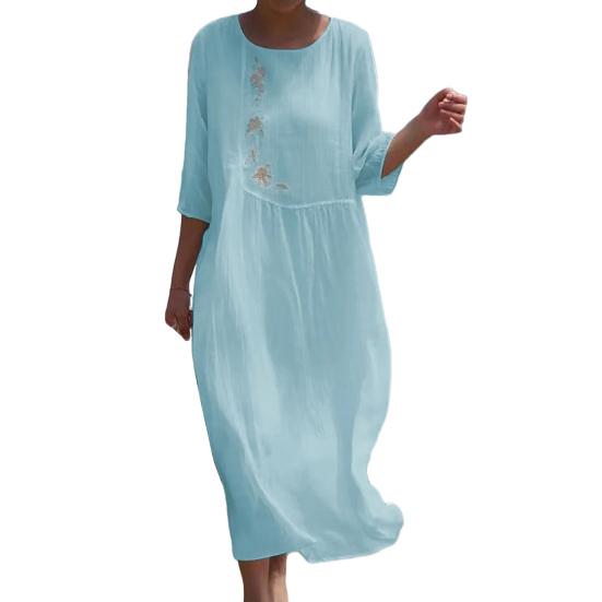 

Женское весенне-осеннее платье с цветочной вышивкой, круглым вырезом, рукавом три четверти, свободного кроя, длиной до середины икры 2XL небесно-голубой