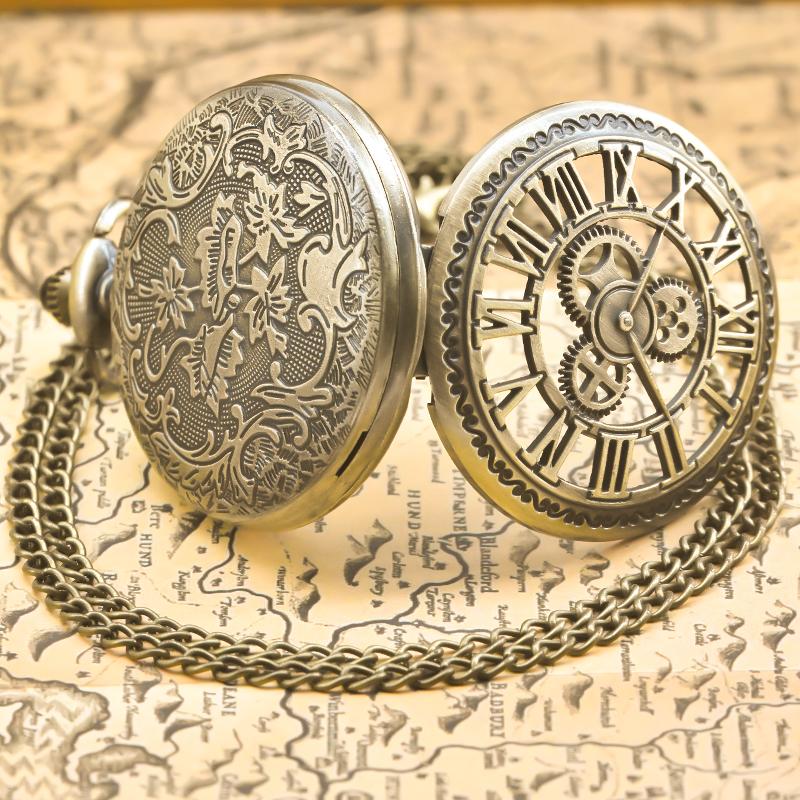 Vintage Bronze Steampunk Cutout Quartz Pocket Watch Necklace Chain Pendant Clock MenWomen Gift
