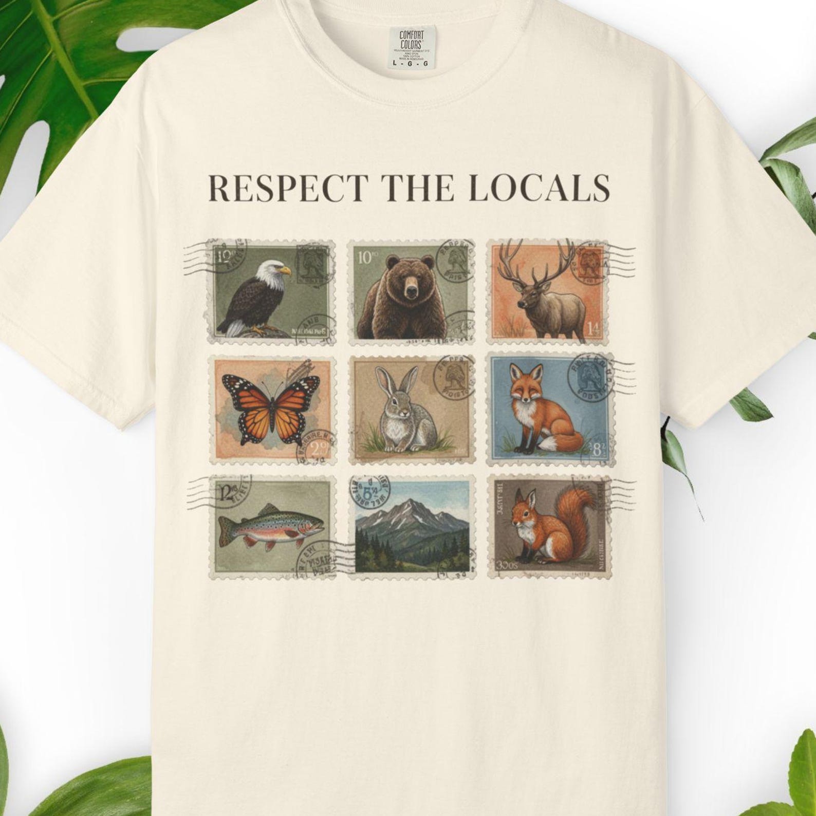 Comfort Colors Respect The Locals Shirt, Retro Animal Postage Stamp Tee, Wildlife Nature Collage T shirt, Animal Lover Shirt Gift 3XL