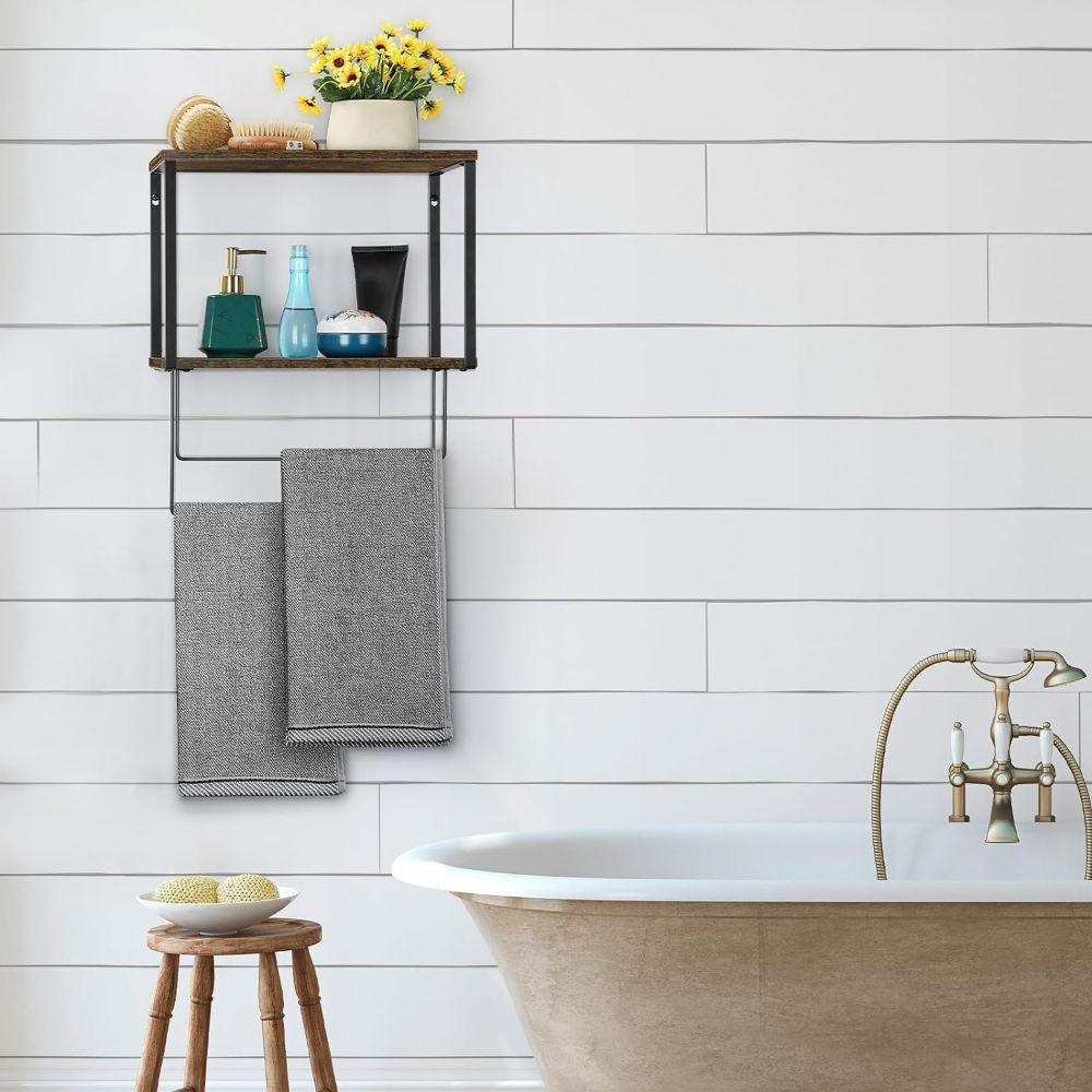 2 Tier Bathroom Shelf with Towel Bar Wall Mount Towel Rack Kitchen Storage Shelf