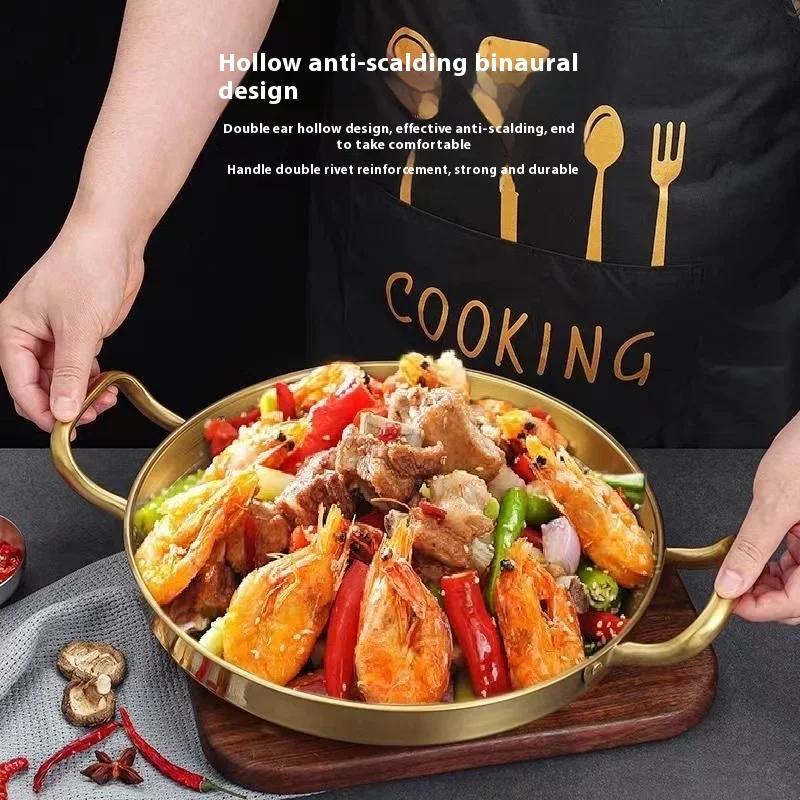 Handle Frying Pan Stainless Steel Paella Pan with Gold Handle Cooking Pot Seafood Rice Pans Non Stick  Skillet Kitchen Cookware