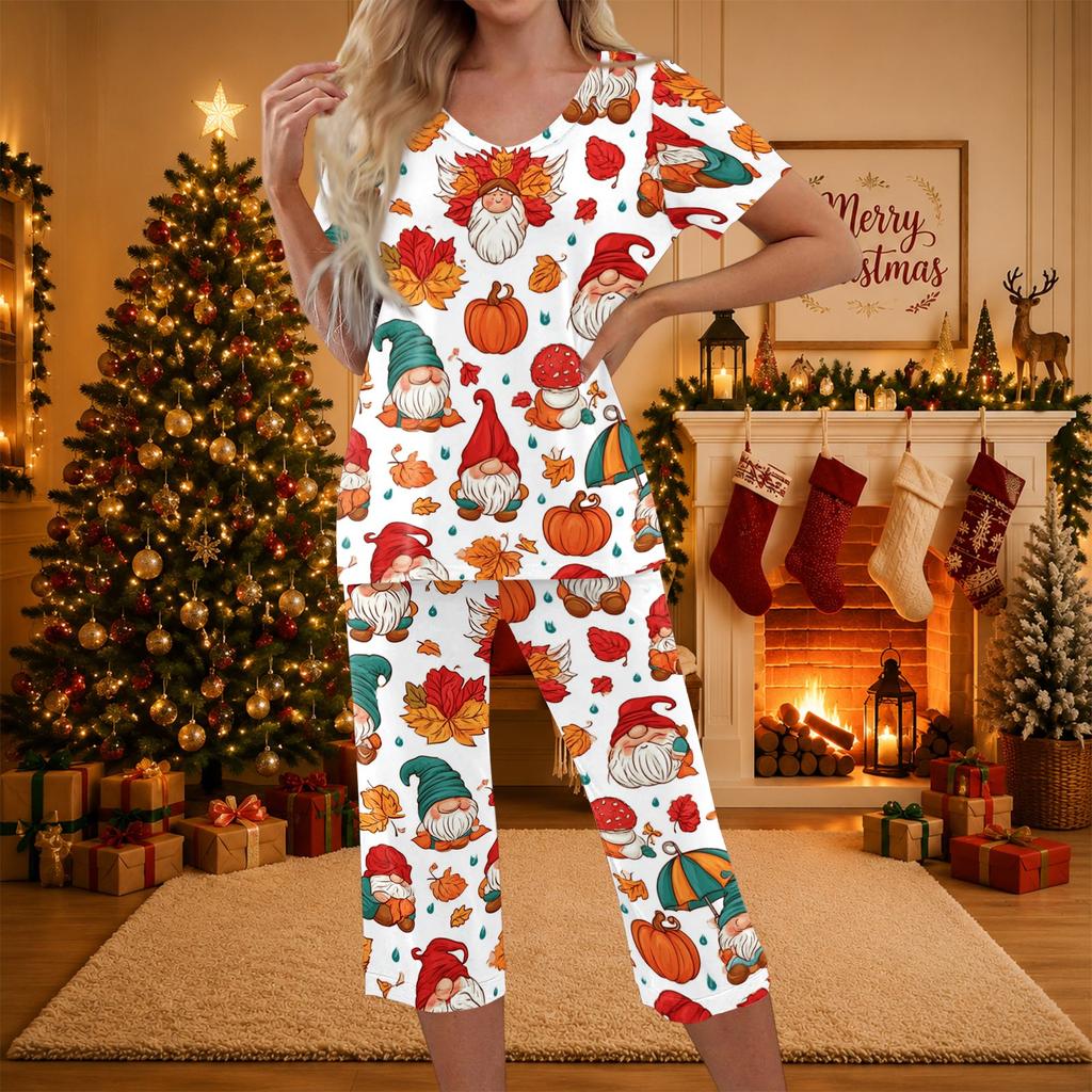 Women's Casual Christmas Print Two-Piece Outfit with Short Sleeve Top and Pants