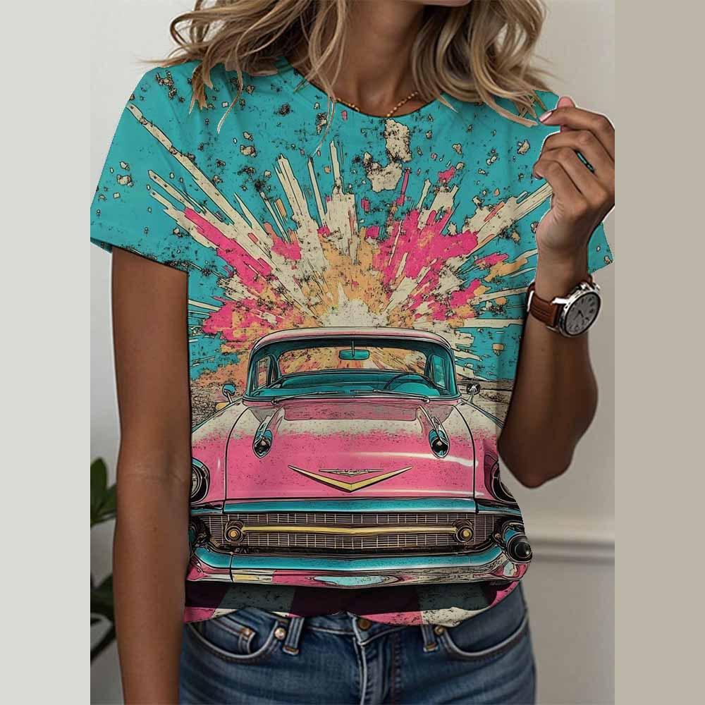 Girl 3D Printed Women's T-shirt Summer Round Neck Short Sleeved T-shirt