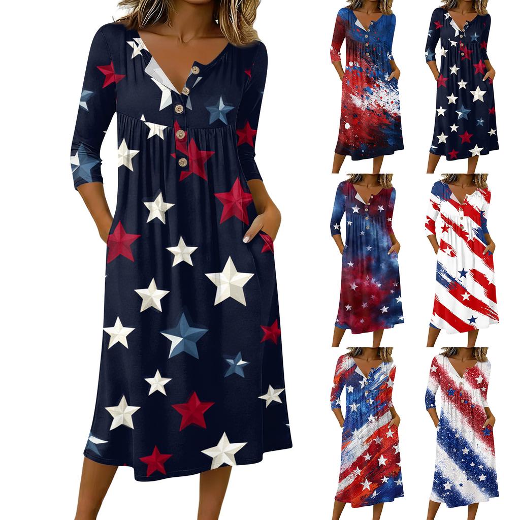 Women's Casual 3/4 Sleeve Button Neck Mid-Length Dress with Abstract Print and Loose Fit for Everyday Wear