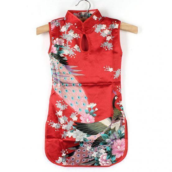 Elegant Children Girls Chinese Cheongsam Dress With Floral Peacock Pattern Sleeveless Summer Wear