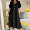 Fashion V Neck Short Sleeve Summer Women Shirt Dress Solid Color Loose Elegant High Waist Casual A-line Dresses Female Simple Office Pockets Clothing