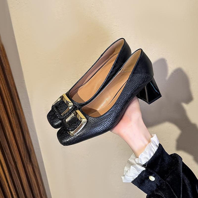 French black temperament thick heel high heels are not tired of feet 2025 spring and autumn new middle heel women's shoes square head light mout