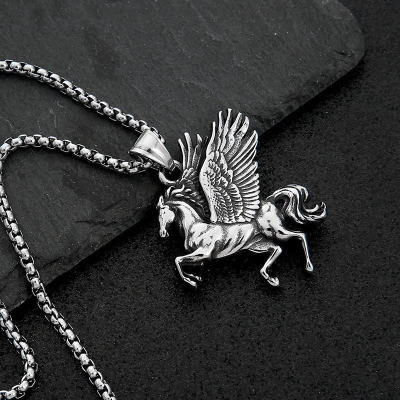 Retro Style Greek Titanium Steel Flying Horse Unicorn Necklace for Men and Women Pendant Necklace