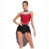 Women Lyrical Dance Dress Mock Neck Sleeveless Backless with Shiny Rhinestones Color Block Mesh