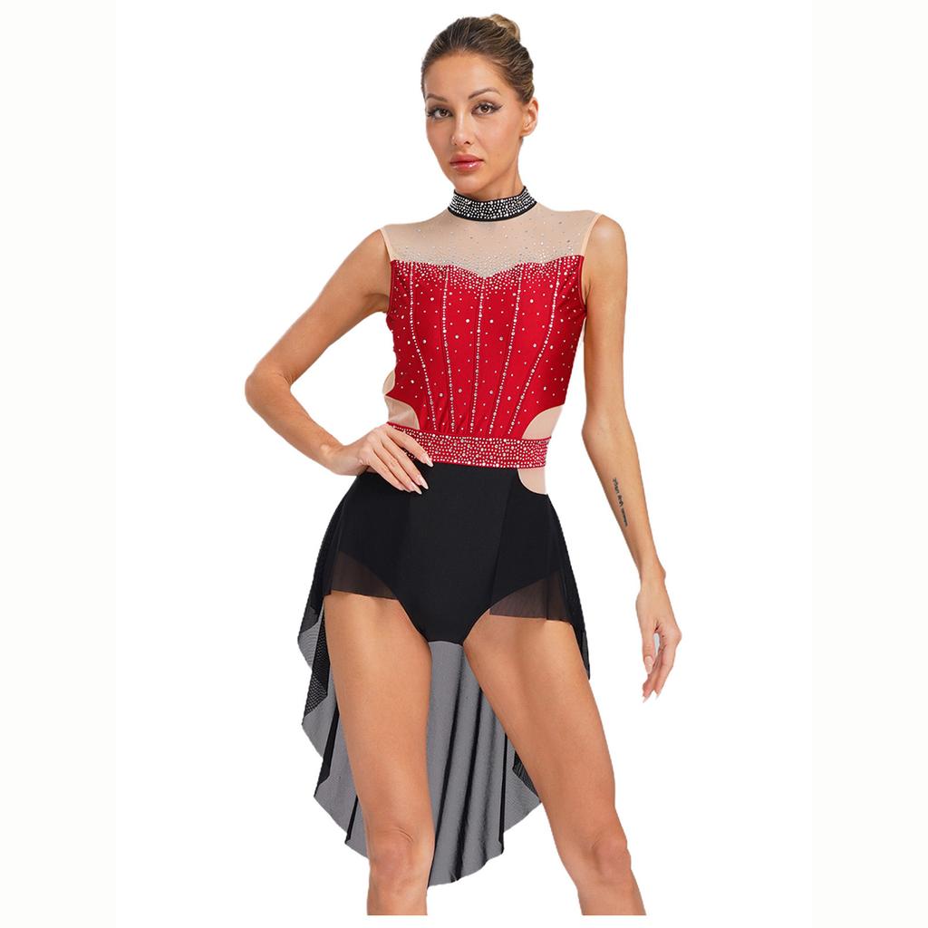 Damen Lyrisches Tanzkleid Stehkragen Ärmellos Rückenfrei mit Glänzenden Strasssteinen Farbblock Mesh