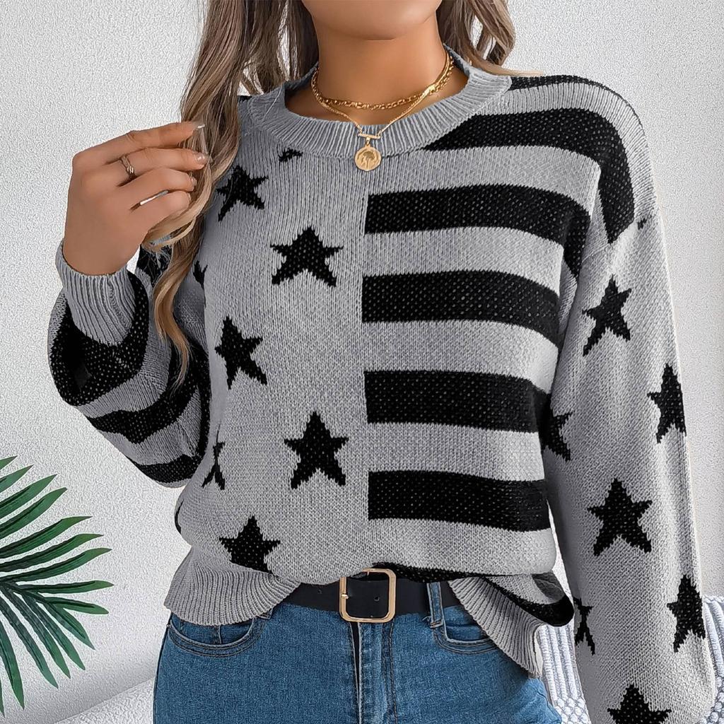 Women's Casual Star Striped  Long Sleeve Pullover Sweater