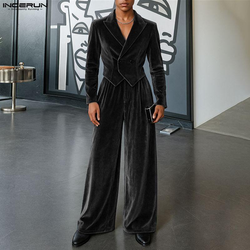 INCERUN Winter Autumn Men Peak Lapel Long Sleeve Velvet Blazer Long Pants Casual Outfits Two Piece Sets