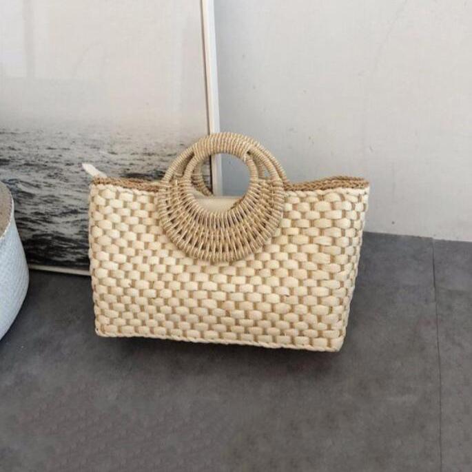 Vintage Handmade Straw Bag Women Summer Large Capacity Beach Bag Weave Handbag Vacation Rattan Handle Bag Kintted Totes