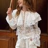 Autumn Winter New Lace See-through Double Layer Ruffle Collar Blouse, Fashion Design Sense Temperament Commuter Shirt for European American Women
