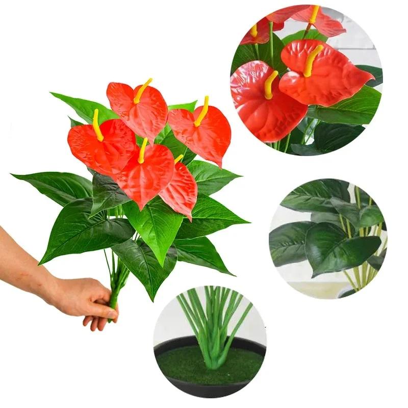 18 Heads Artificial Anthurium Red Green Plastic Plants Home Garden Living Room Bedroom Decoration Fake Plants Home Decor