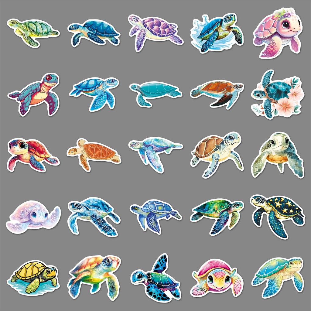 50 Sea Turtle Stickers: Cartoon Animals for Phone, Water Bottle, Guitar, Journal Decoration, Waterproof Color Art with Drip Glue