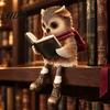 Artistic Resin Cat Sculpture Reading Owl/Fox Figurine with Dangling Legs Shelf Sitter Statue Open Book Glasses Red Scarf and Boots Rustic