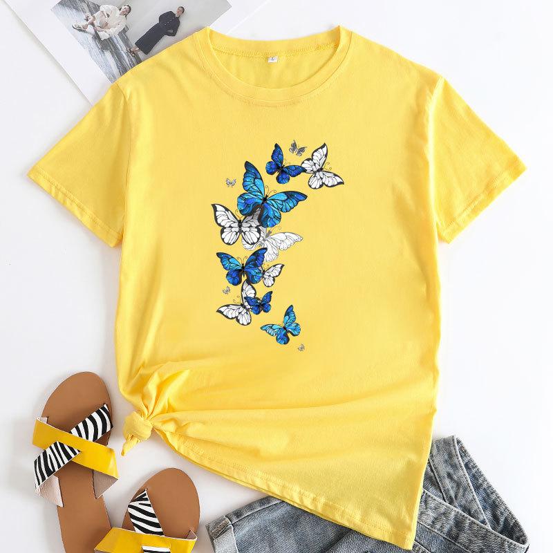 Summer Round Neck Fluttering Butterfly Pattern Printed Top Fashionable Casual Short Sleeved Women's Pure Cotton T-shirts