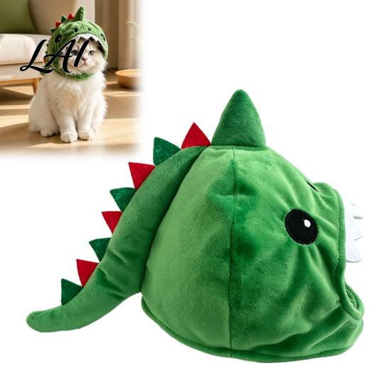 Funny Pet Outfit for Internet Celebrities Cute Dinosaur Hat Cats Soft Plush Cat Headwear Secure Fit Cats with Shark Design Novelty Green Costume 3D