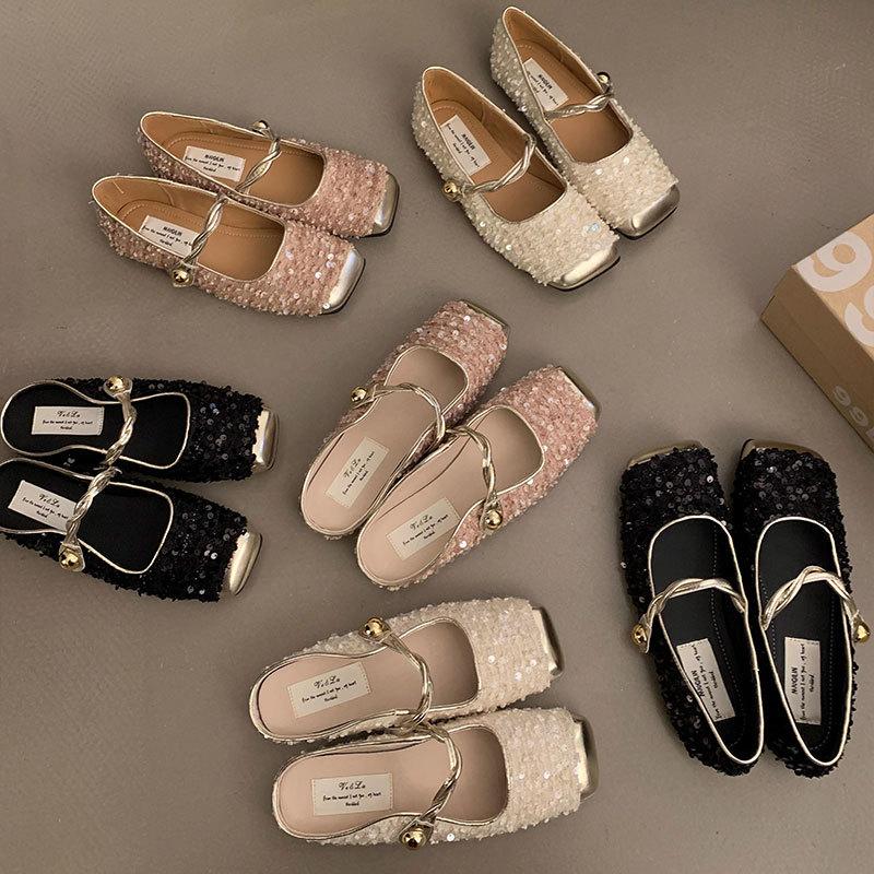 Sequined Gold Bag Head Half Slippers Women's Spring and Autumn Temperament Mary Jane Single Shoes Women's Shoes
