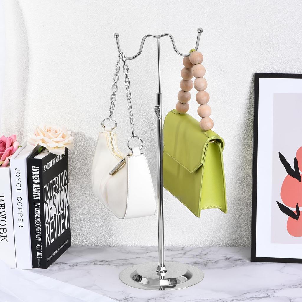 Uxcell Handbag Display Stand, Set of 2, Height Adjustable Tabletop Double Hook Handbag Rack for Retail Boutiques, Silver