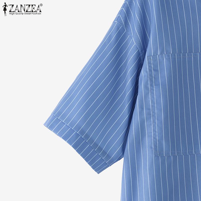 ZANZEA Women Casual Turn Down Collar Short Sleeve Loose Stripe Blouse