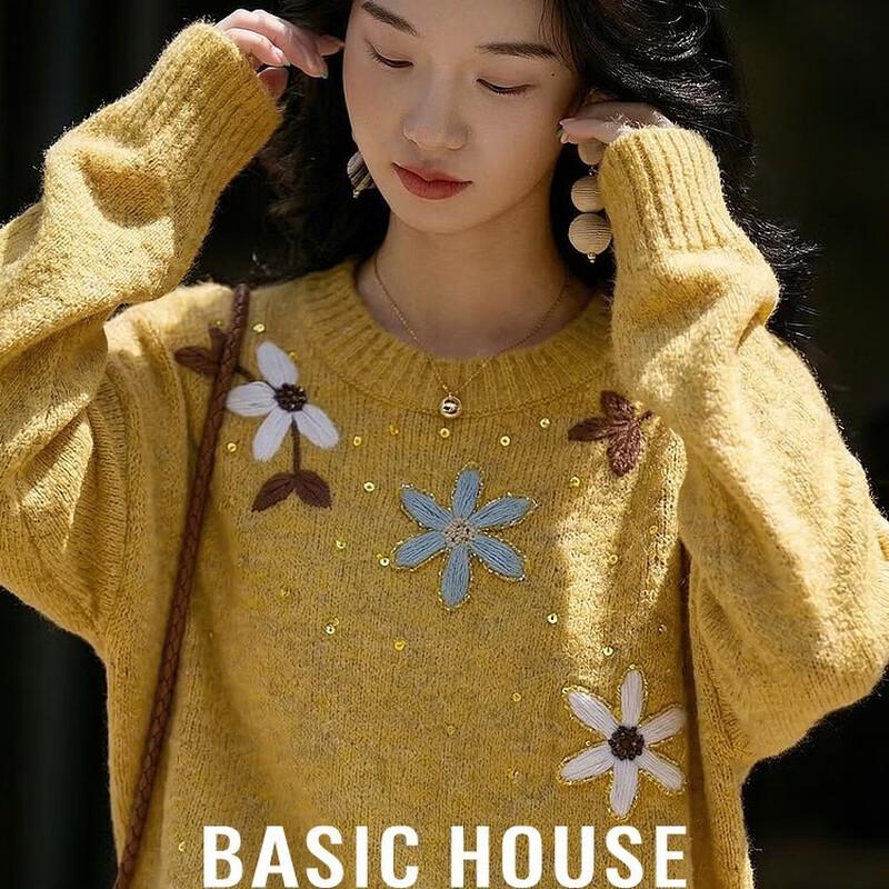Basic House Women s Floral Beaded Round Neck Sweater M