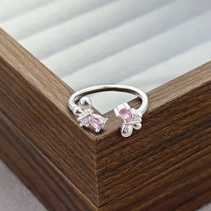 Light Luxury Sweet Cool Pink Cute Full Diamond Zir*****Pening Adjustable Ring Niche Design High-End Ring Woman