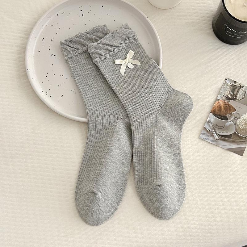 Bow Lace Cartoon Pile Off-White Mid-Calf Socks - Autumn Trendy Accessories for Kids
