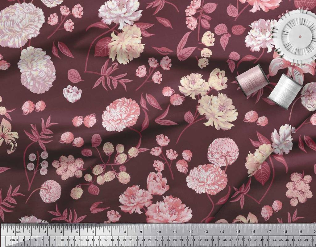 Soimoi Japan Crepe Satin Fabric Leaves,Peony & Dahlia Flower Printed Fabric 1 Metre 42 Inch