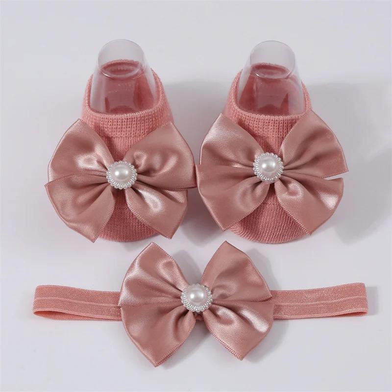 Baby Pearl Bow Solid Color Floor Socks Newborn Infant Knitted Breathable Socks Sweet Cute Girls Princess Children Birthday Gifts