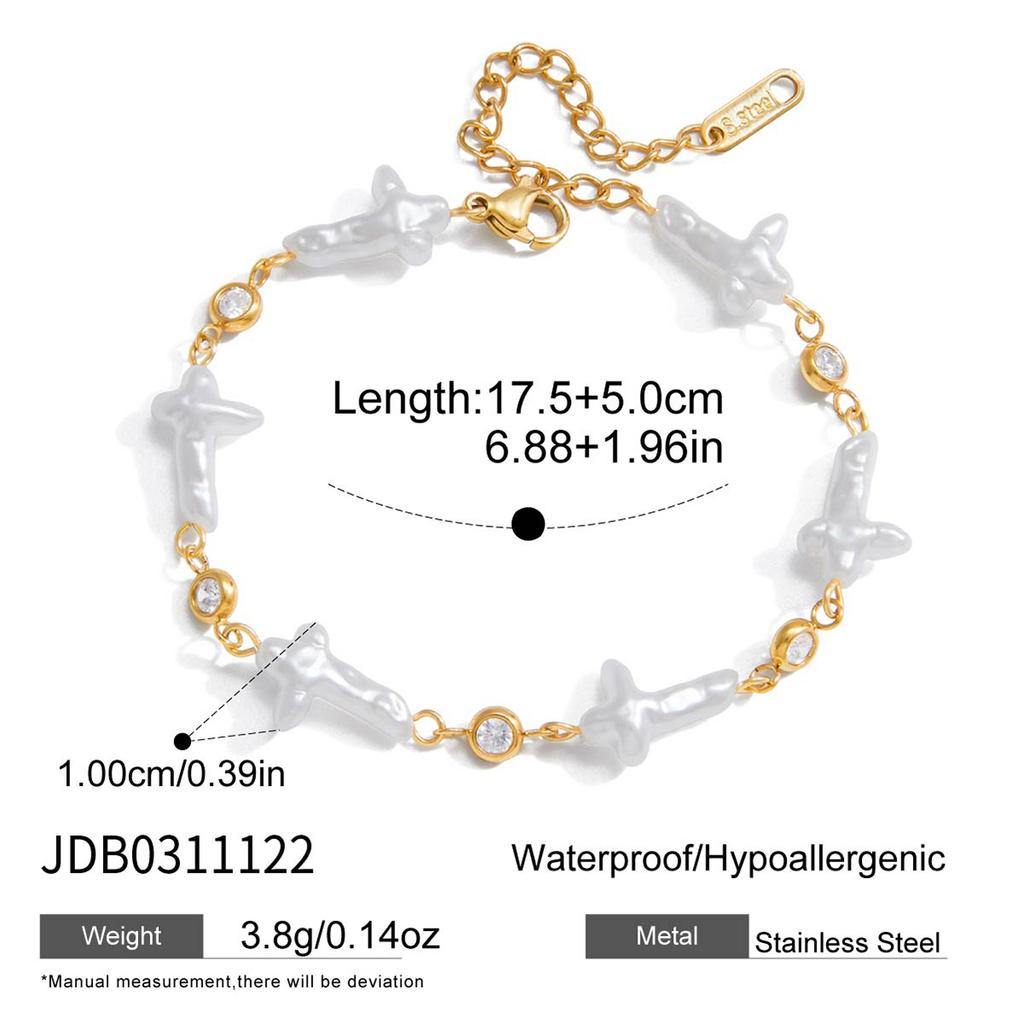 J&D 18K Gold Plate Stainless Steel Bracelet Classic Cross Acrylic Pearl White Cubic Zircon Bracelet