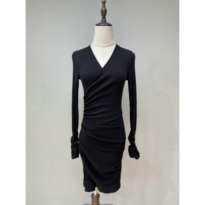 2024 Winter New Arrival Show Figure Adult Lady Like Woman Sense Cross Ruched Design V-neck Knitting Hip Bag Dress
