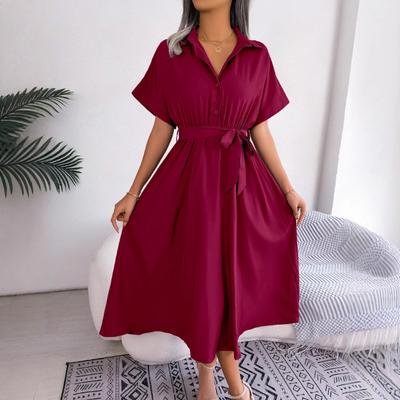 Women's Summer Casual Loose Solid Color Lace-up Shirt Dress
