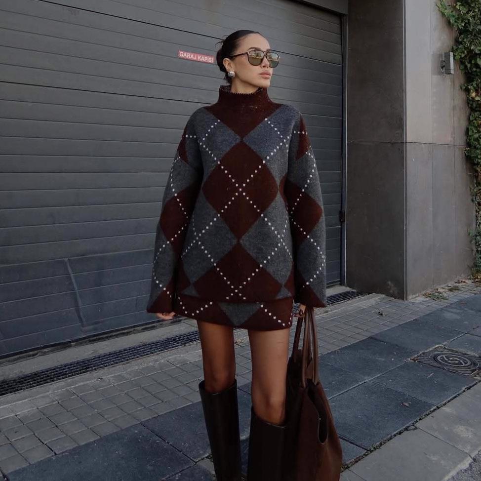 American Women s Fashion 2025 Autumn New High Neck Diamond Plaid Pullover Knit Sweater Top XS