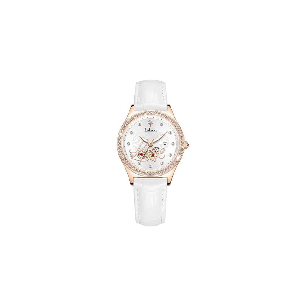 Love Watch Women s Diamond Leather Strap Waterproof Casual Wristwatch White