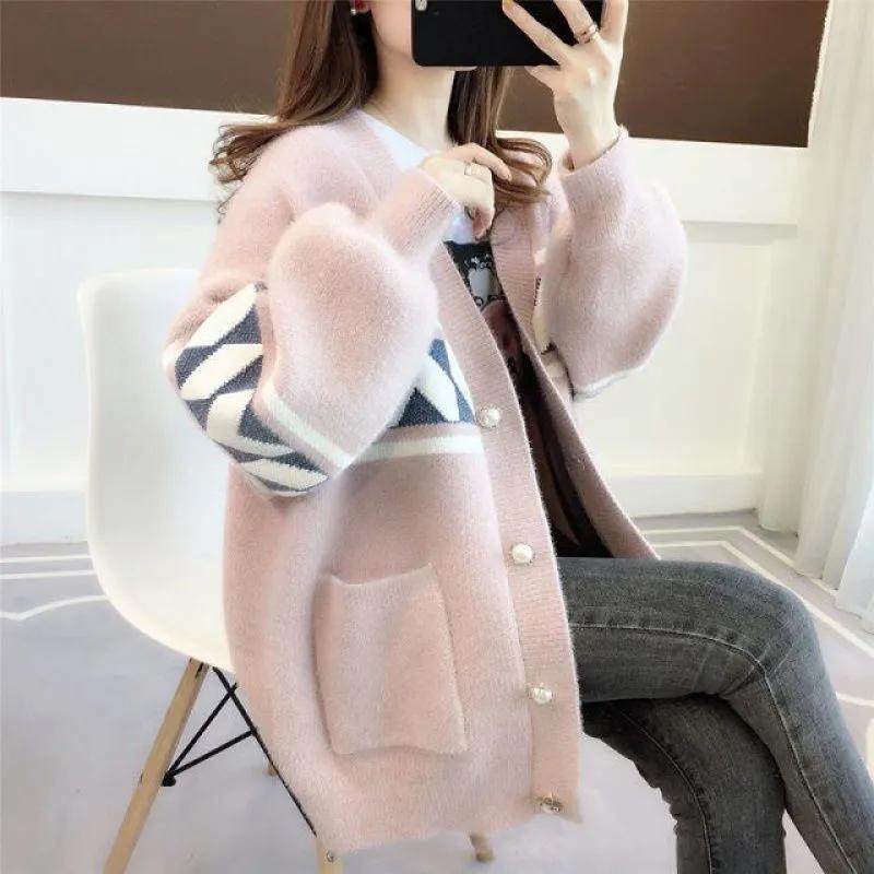 Women Mink Fleece Jacket Plus Size Sweater Knit Cardigan Korean Loose Single Breasted  Long Sleeve Coat
