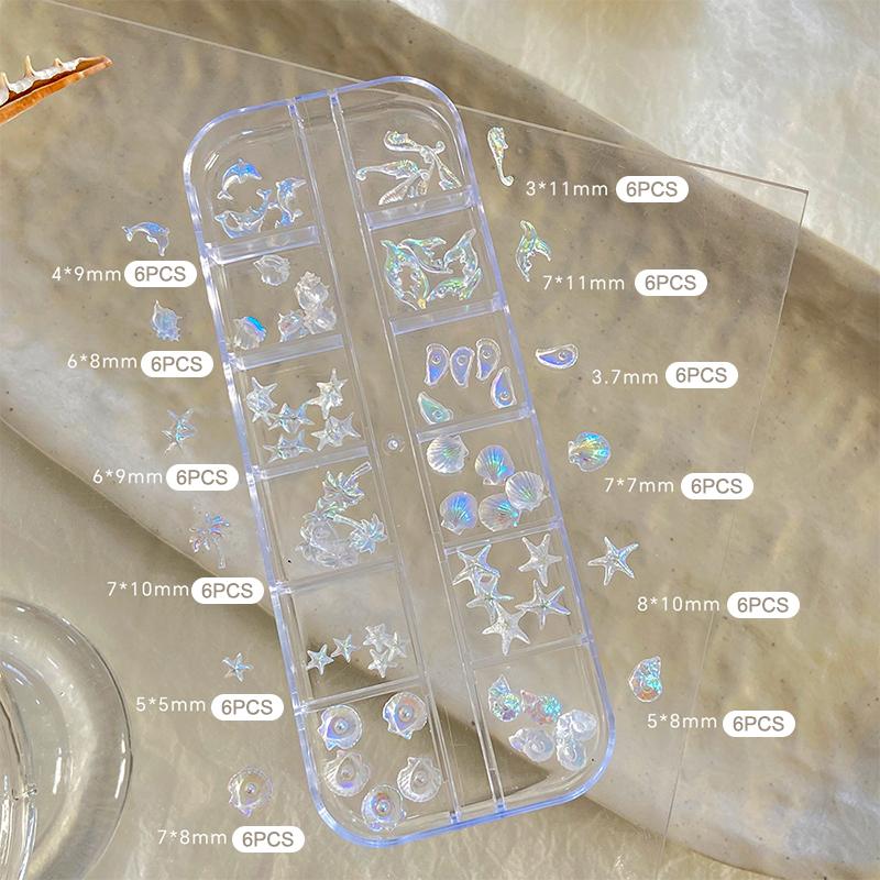 12 Grids/Box For Dreamy Oceanic Manicure Look 3D Nail Art Charms Aurora Shells Starfish Mermaid Tail Accessory