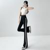 Black Flared Shark Pants for Women, High-waisted Slimming Striped Pants with Pockets, Loose and Stylish Spring/autumn Bell-bottom Pants