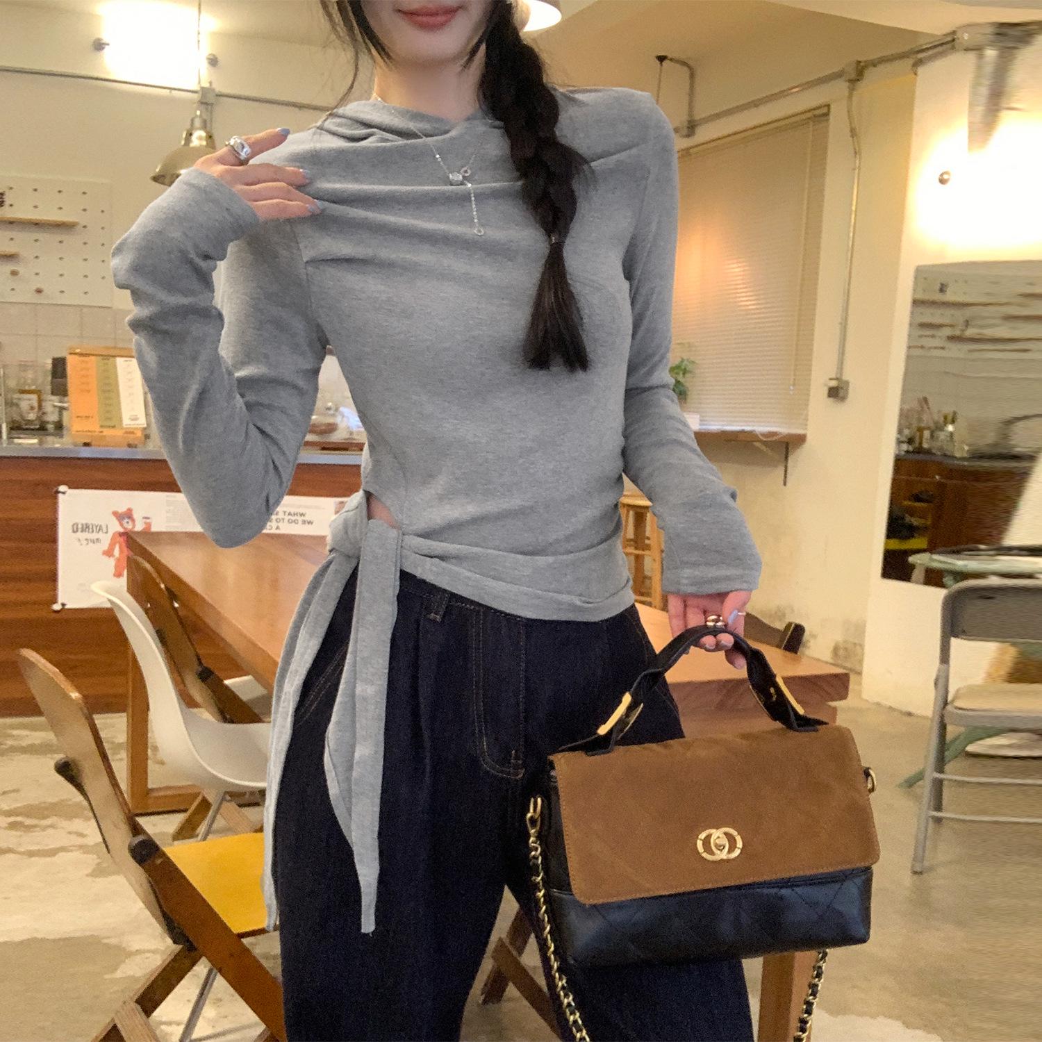 

Korean Irregular Strappy Slimming Hoodie Long-Sleeve Women s T-Shirt - Autumn/Winter New Arrival Small