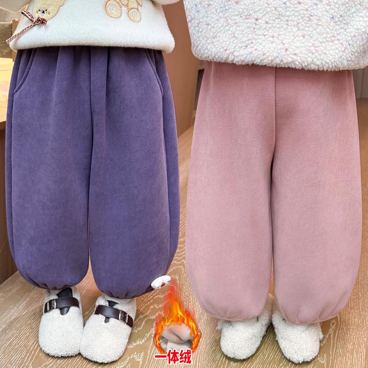 Meng Tang Tang Girls' Plus Velvet Cartoon Pants - Stylish Winter Wear for Kids