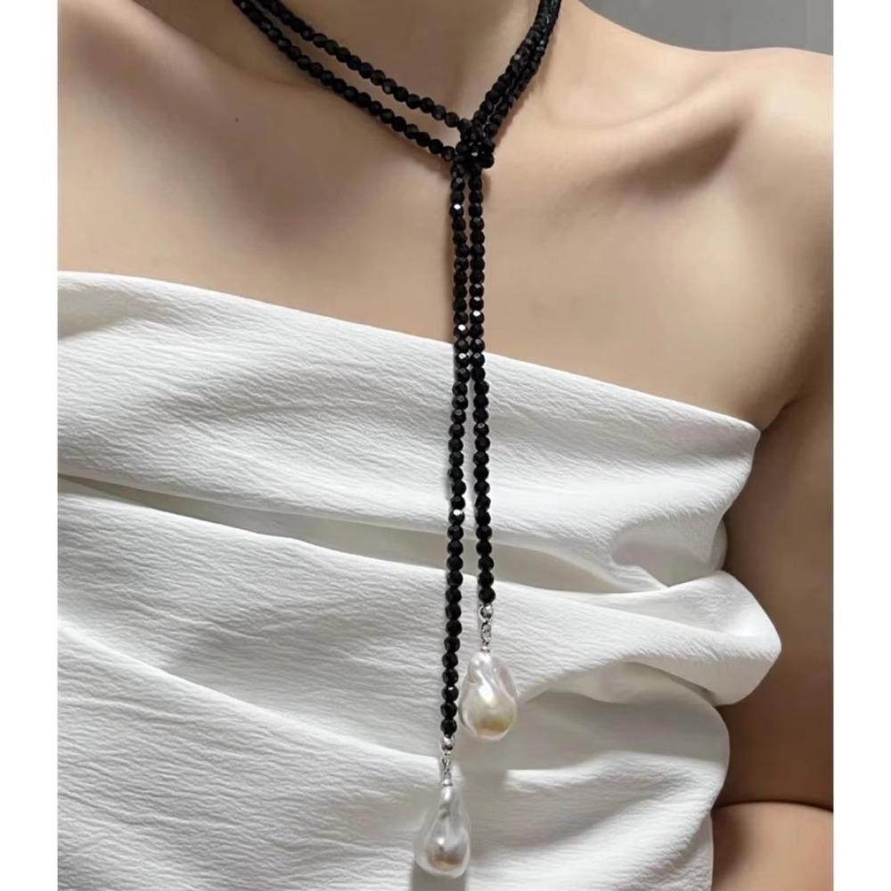 Sequins Rhinestone Neck Chain Black Green Long Necklace Vintage Imitation Pearl Pendant  Women Girl