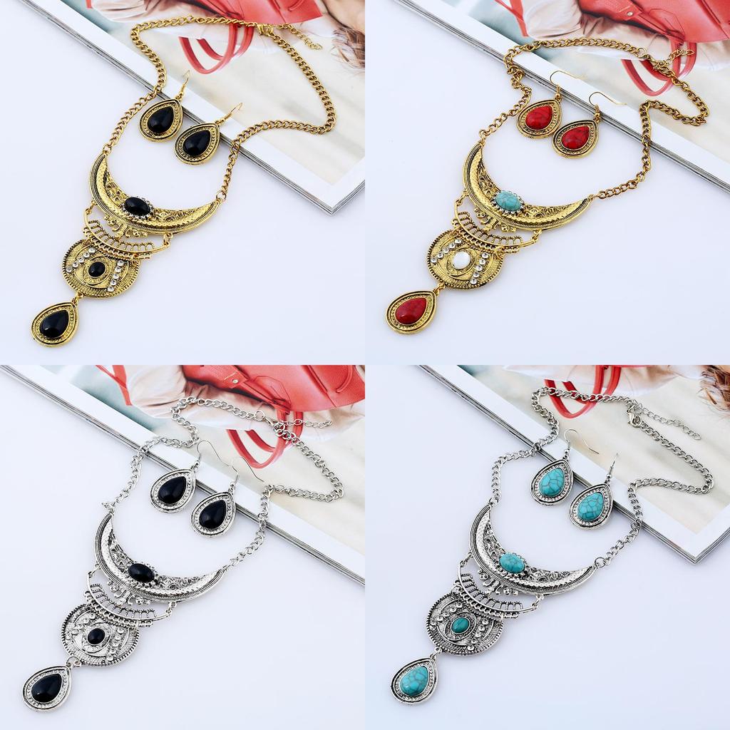 Vintage Water Drop Alloy Necklace And Earring Set For Boho Style Females