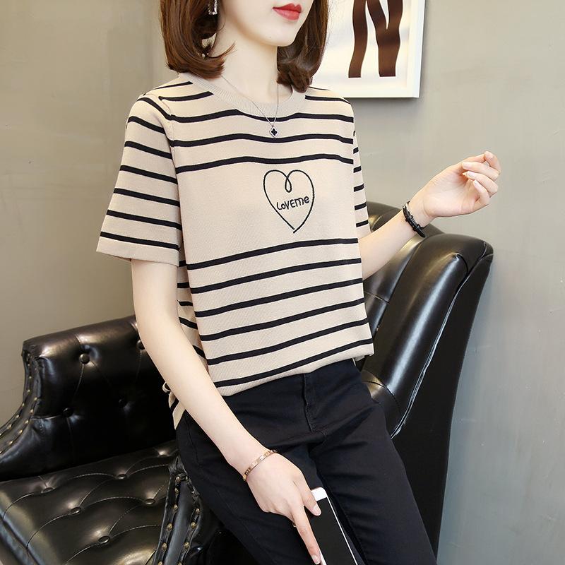 Ice silk knitted sweater women's summer 2025 new pullover round neck thin horizontal striped short sleeve embroidery women's clothes