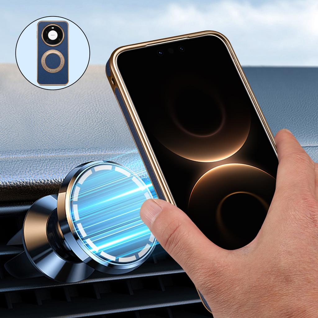 Denior PU Litchi Texture Rotating Stand Electroplated Mobile Phone Bags Magnetic Ring Holder Compatible for Mate 80 Series