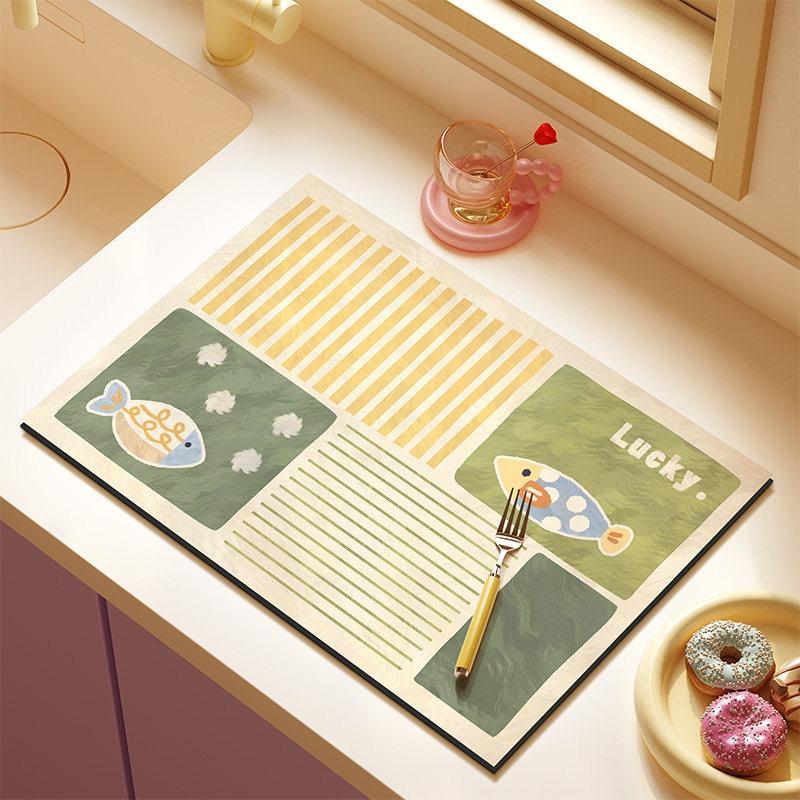 Cute Colorful Fish Print Dish Drying Mat Geometric Fish Absorbent Kitchen Mat Coastal Coffee Bar Decor Rug Non-Slip Sink Pad