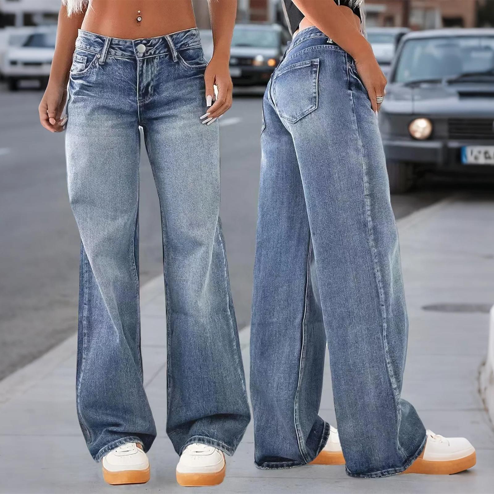 

Женские джинсы средней посадки, эластичные, модные, прямые, джинсовые брюки с карманами XL синий