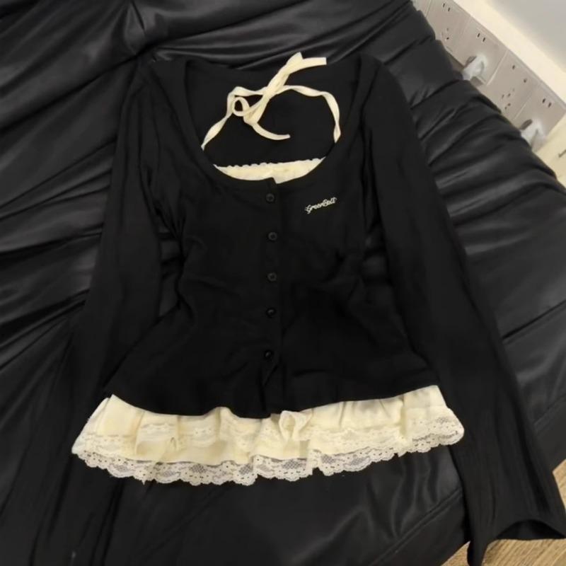 Fake Two-piece T-shirt Women's Spring Slim-fitting Design Lace Splicing Long-sleeved Top