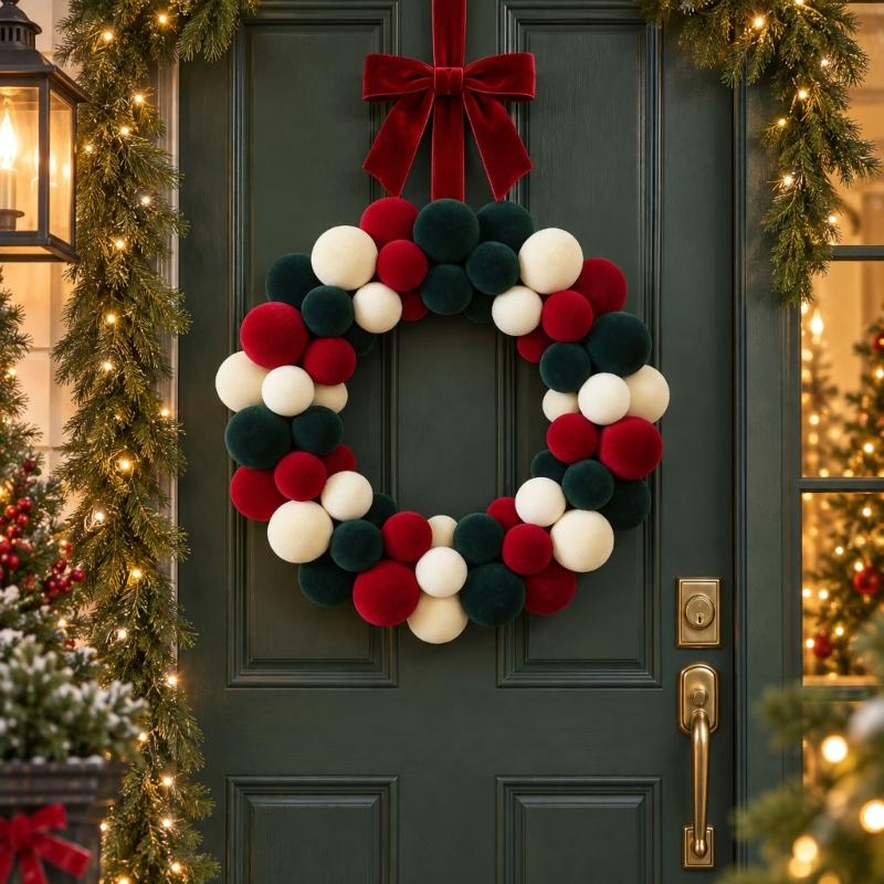 Mixed-Size Flocking Ball Christmas Wreath with a Soft-Finish Look, Rounded Holiday Decoration for Balconies, Entryways and Party Backdrops